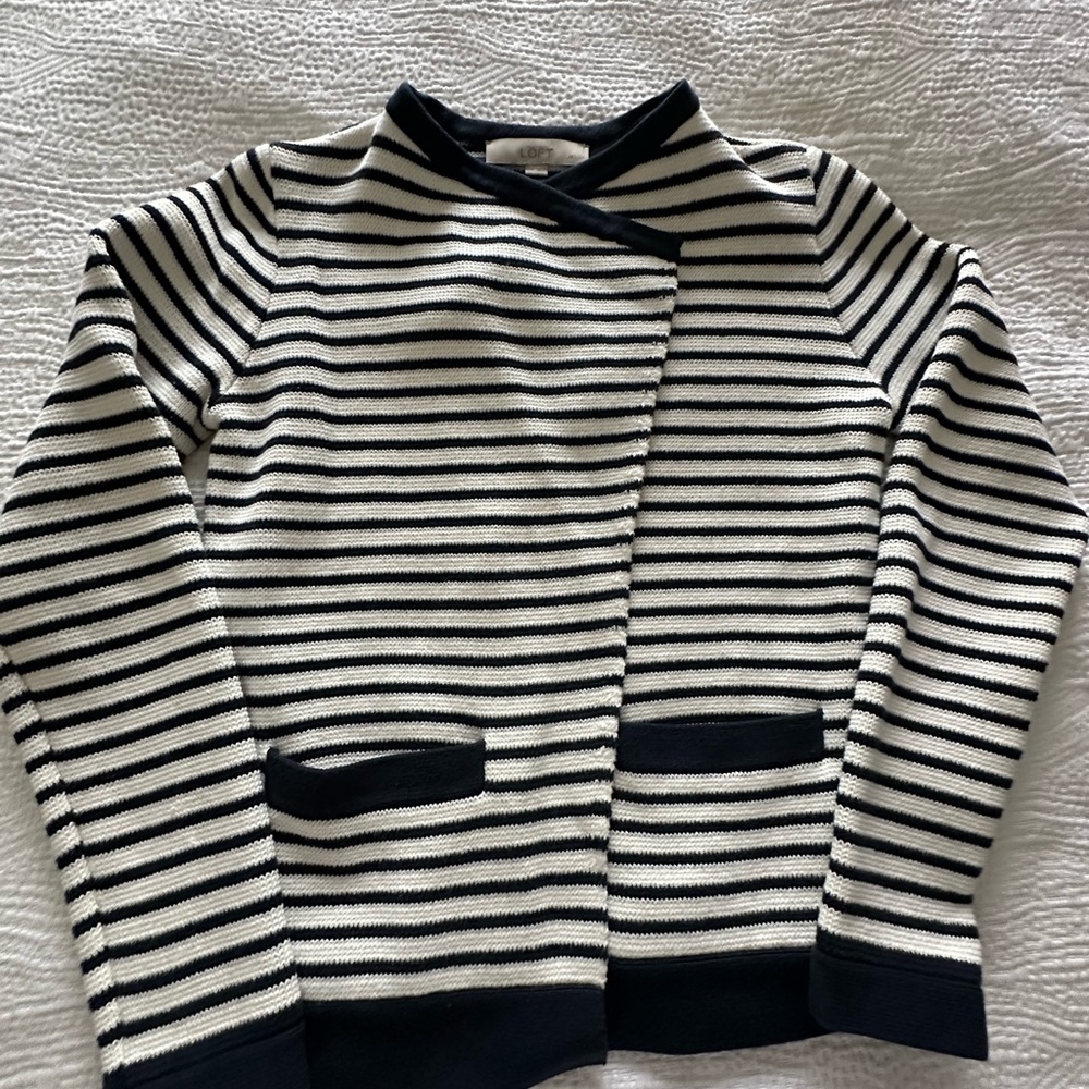 LOFT Navy and cream striped short cardigan